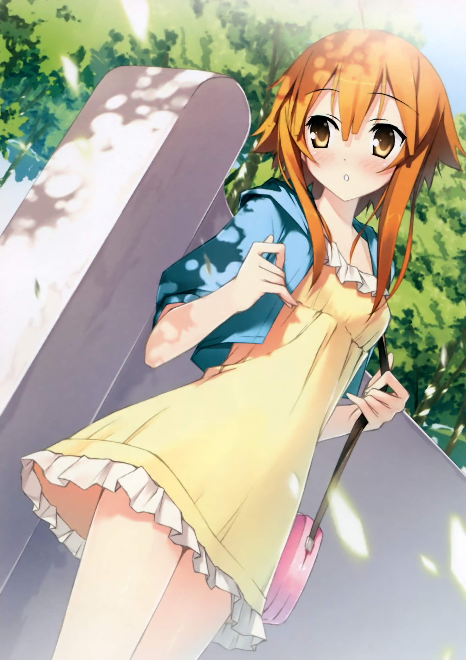 kantoku, kogamura uril, shinkyoku soukai polyphonica, shinkyoku soukai polyphonica aphonic songbird, absurdres, highres, official art, 00s, 1girl, bag, blush, dappled sunlight, day, dress, female focus, hair between eyes, holding, holding bag, orange hair, solo, standing, sunlight, yellow eyes