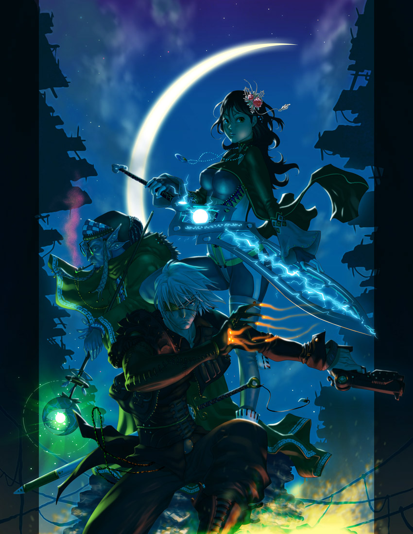 chester ocampo, 1girl, 2boys, breasts, brown eyes, covered erect nipples, dark, extra ears, eyepatch, fantasy, fingerless gloves, flower, gloves, gun, jewelry, lips, long hair, medium breasts, multiple boys, necklace, skin tight, sword, weapon