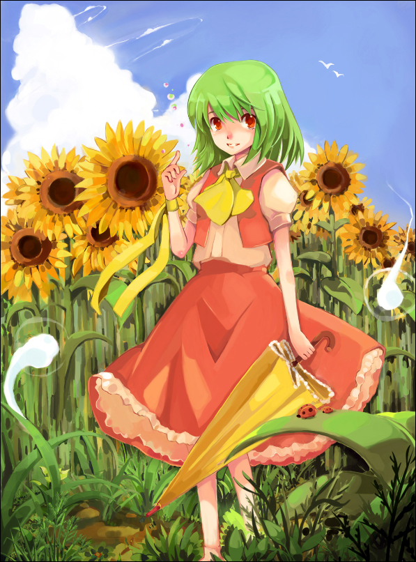 hao (patinnko), patinnko, kazami yuuka, touhou, bad id, bad pixiv id, 1girl, ascot, bug, closed umbrella, female focus, field, flower, flower field, green hair, hitodama, index finger raised, insect, ladybug, nature, pointing, red eyes, ribbon, short hair, skirt, skirt set, smile, solo, standing, sunflower, sunflower field, umbrella, vest, wrist ribbon