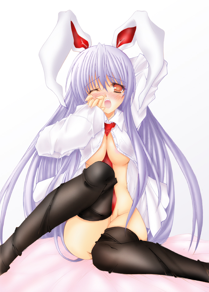 take toshiaki, reisen udongein inaba, touhou, 1girl, animal ears, blush, bottomless, breasts, female focus, long hair, necktie, open clothes, open shirt, purple hair, rabbit ears, red eyes, red necktie, shirt, solo, thighhighs, wince