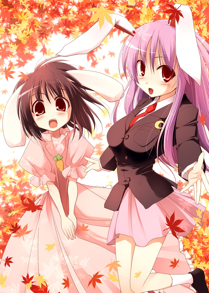 kurikara, inaba tewi, reisen udongein inaba, touhou, 2girls, animal ears, black hair, blazer, breasts, carrot, dress, fang, female focus, jacket, leaf, long hair, multiple girls, purple hair, rabbit ears, red eyes, short hair, skirt