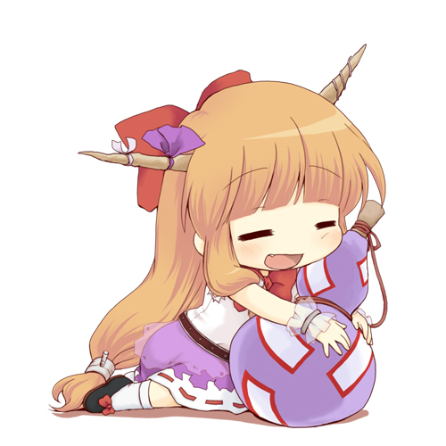 suga (pixiv 34566), ibuki suika, touhou, lowres, 1girl, = =, bow, chibi, fang, female focus, full body, gourd, hair bow, horns, long hair, orange hair, simple background, solo, white background, wrist cuffs