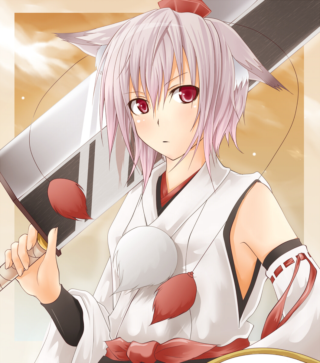 momiz-tama (pixiv), tokijiro, inubashiri momiji, touhou, silver hair, bad id, bad pixiv id, highres, 1girl, animal ears, detached sleeves, female focus, gradient background, red eyes, short hair, solo, standing, sword, weapon, wolf ears