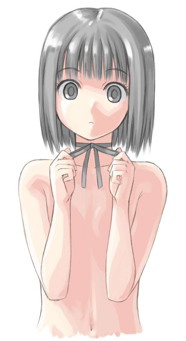 matsumoto tomoki, aikawa kizuna, prunus girl, 1boy, blunt bangs, bob cut, choker, flat chest, grey eyes, grey hair, male focus, nude, ribbon choker, short hair, solo, staring, trap
