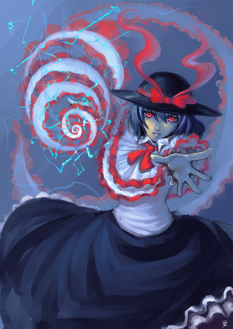 charimei, nagae iku, touhou, 1girl, blue hair, drill, female focus, hat, red eyes, shawl, short hair, solo