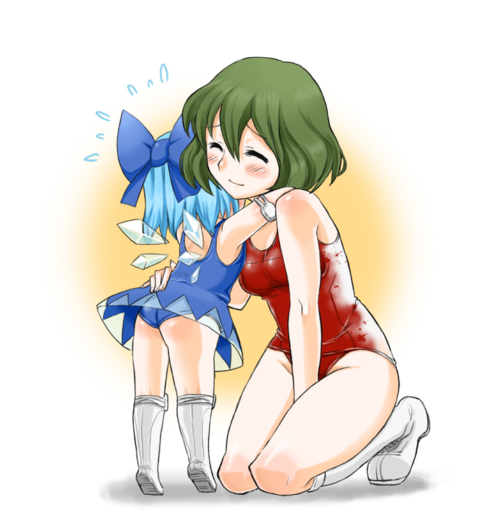 miyaji, cirno, kazami yuuka, touhou, 2girls, adapted costume, ass, blood, blue hair, blush, boots, bow, child, closed eyes, green hair, hair bow, height difference, hug, kneeling, multiple girls, nontraditional school swimsuit, one-piece swimsuit, red one-piece swimsuit, school swimsuit, smile, swimsuit, swimsuit costume, tiptoes, white one-piece swimsuit, white school swimsuit, wings, wrestler, wrestling, wrestling outfit