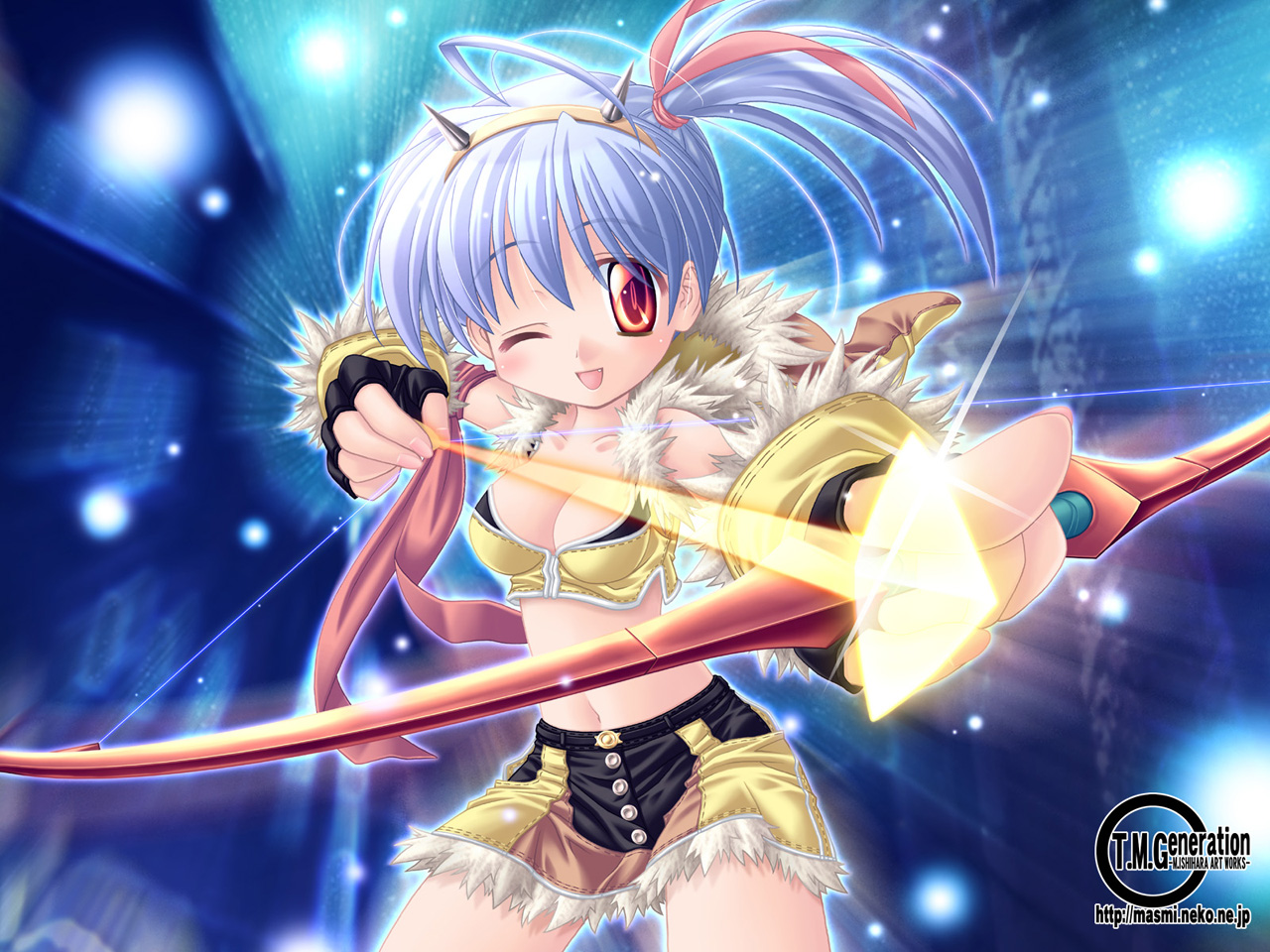 ishihara masumi, sniper (ragnarok online), ragnarok online, sniper, arrow (projectile), bow, bow (weapon), breasts, cleavage, drawing bow, fang, fingerless gloves, gloves, holding, holding bow (weapon), holding weapon, horns, laughing, marksman, midriff, one eye closed, purple hair, red eyes, short hair, skirt, solo, watermark, weapon, web address, wink