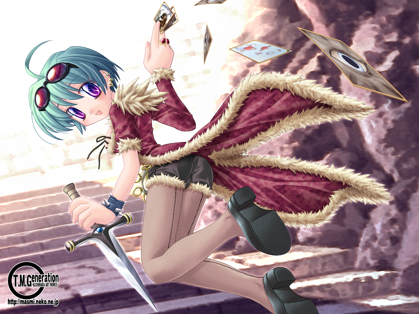 ishihara masumi, rogue (ragnarok online), ragnarok online, fur, highres, 1girl, ahoge, card, ear piercing, fang, female focus, fishnet pantyhose, fishnets, floating card, goggles, green hair, holding, holding card, knife, laughing, looking back, pantyhose, piercing, purple eyes, short hair, solo, thighhighs