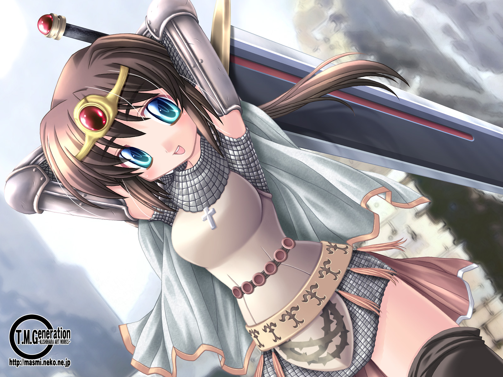 ishihara masumi, knight (ragnarok online), ragnarok online, highres, blue eyes, brown hair, dress, jewelry, knight, laughing, short hair, solo, sword, weapon