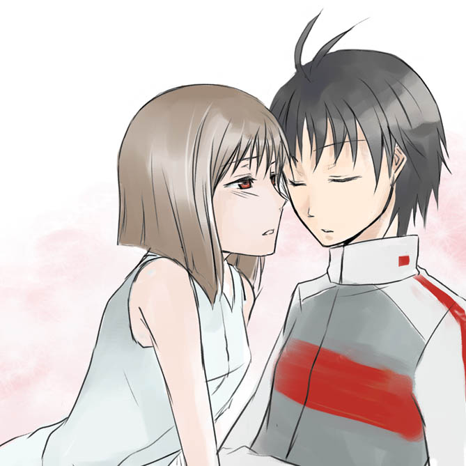 keirei, hagiwara yukiho, kikuchi makoto, idolmaster, idolmaster (classic), bad id, bad pixiv id, 00s, 2girls, androgynous, antenna hair, bare shoulders, black hair, bob cut, brown hair, closed eyes, jacket, kiss, multiple girls, raglan sleeves, reverse trap, short hair, sleeping, yuri