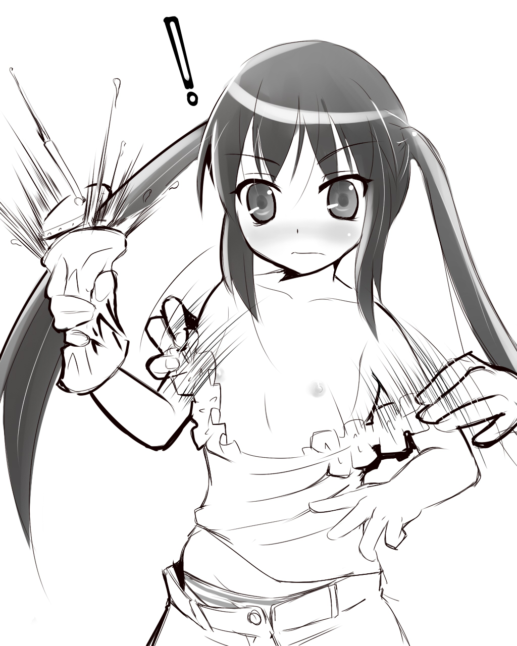 thek, nakano azusa, k-on!, bad id, bad pixiv id, highres, !, 00s, 1girl, assisted exposure, bare shoulders, black hair, blush, breasts, clothes pull, crushing, cup, drinking straw, embarrassed, female focus, flat chest, greyscale, loli, long hair, midriff, monochrome, nipples, panties, shirt pull, solo, striped clothes, striped panties, surprised, twintails, underwear