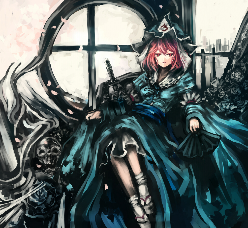 makai no juumin, saigyouji yuyuko, touhou, 1girl, dress, female focus, hand fan, hat, pink eyes, pink hair, sitting, skull, solo, sword, weapon