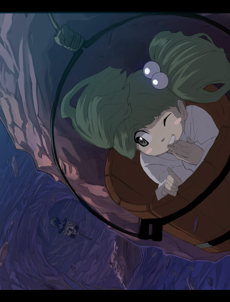 shape, syope, kirisame marisa, kisume, touhou, 2girls, blonde hair, broom, bucket, female focus, green eyes, green hair, hair bobbles, hair ornament, hat, in bucket, in container, letterboxed, multiple girls, one eye closed, short hair, twintails, wink, witch, witch hat