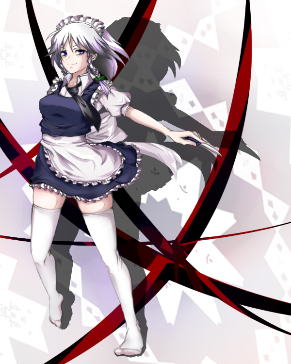 wikumi, izayoi sakuya, touhou, silver hair, 1girl, blue eyes, braid, breasts, dress, female focus, full body, hairband, knife, maid, short hair, solo, thighhighs, throwing knife, twin braids, weapon, zettai ryouiki