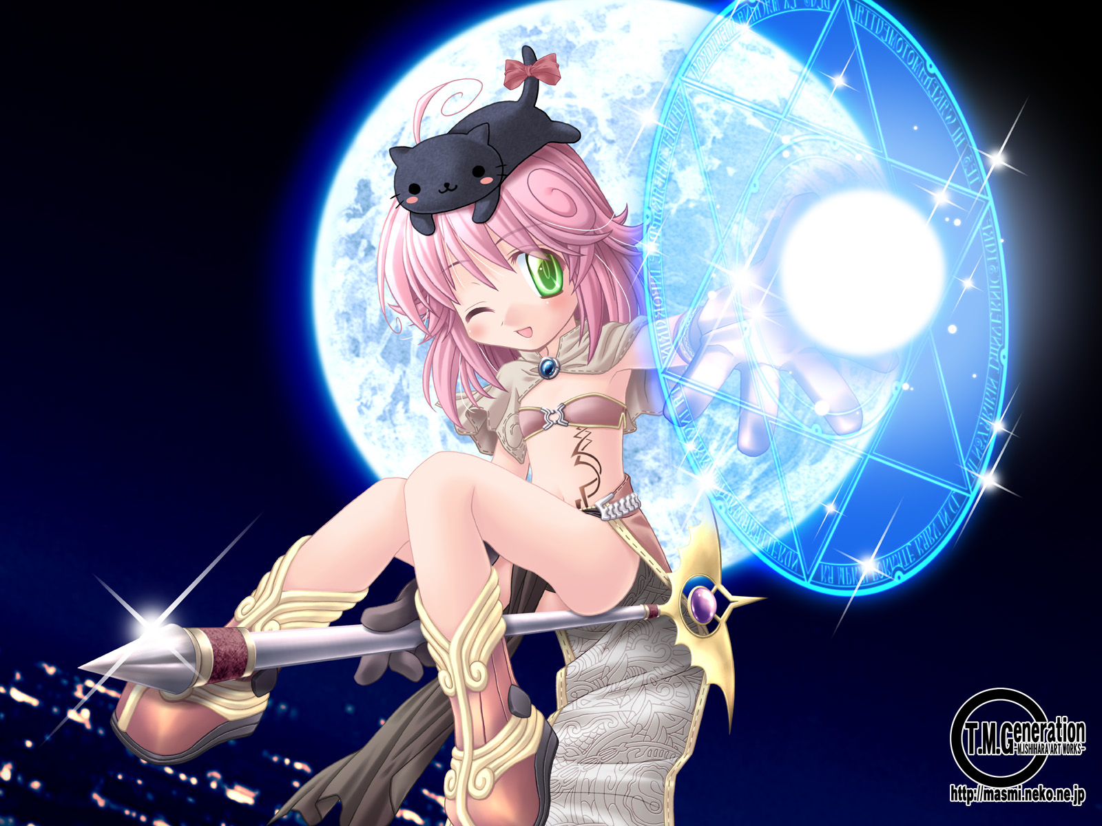ishihara masumi, mage (ragnarok online), ragnarok online, highres, 1girl, broom, cat, female focus, flat chest, flying, green eyes, magic, midriff, moon, one eye closed, pelvic curtain, pink hair, solo, staff, tattoo, wink