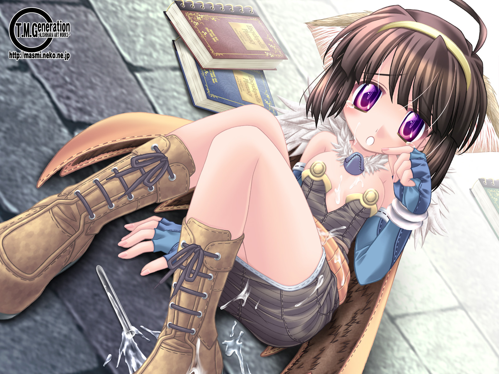 ishihara masumi, alchemist (ragnarok online), ragnarok online, highres, 1girl, ahoge, alchemist, animal ears, arm support, armlet, bare shoulders, belt, belt skirt, black hair, blue gloves, blunt bangs, blush, book, boots, bracelet, breasts, brown boots, brown hair, cape, cat ears, center opening, cleavage, clenched hand, dress, dutch angle, female focus, fingerless gloves, fur trim, gloves, hairband, jewelry, knees together feet apart, knees up, looking at viewer, no bra, parted lips, purple eyes, raised eyebrows, sexually suggestive, short dress, short hair, sideboob, sitting, small breasts, solo, spill, strapless, strapless dress, suggestive fluid, tears, test tube, tripping, vial, wet, wet clothes, wiping tears