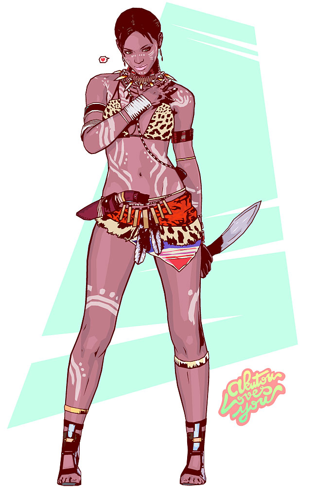 sheva alomar, resident evil, resident evil 5, 1girl, alternate costume, black hair, dagger, dark-skinned female, dark skin, female focus, green eyes, heart, jewelry, knife, solo, tattoo, tribal, weapon