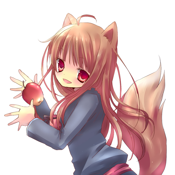 kosuzume, holo, spice and wolf, bad id, bad pixiv id, 00s, animal ears, apple, brown hair, food, fruit, long hair, red eyes, solo, tail, wolf ears, wolf tail