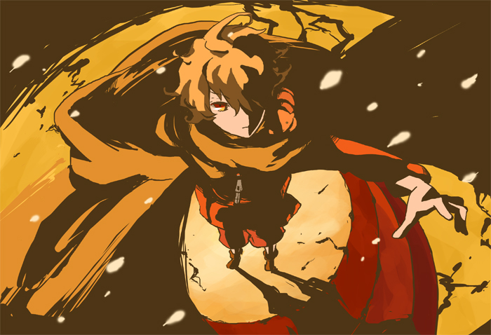 yoshi 92, lordgenome, tengen toppa gurren lagann, tengen toppa gurren lagann: parallel works, 00s, 1boy, aged down, ahoge, arm at side, arm up, boots, brown boots, closed mouth, expressionless, foreshortening, hair over one eye, knee boots, long sleeves, looking at viewer, male focus, orange scarf, red eyes, red shorts, scarf, shadow, shorts, solo, standing, zipper