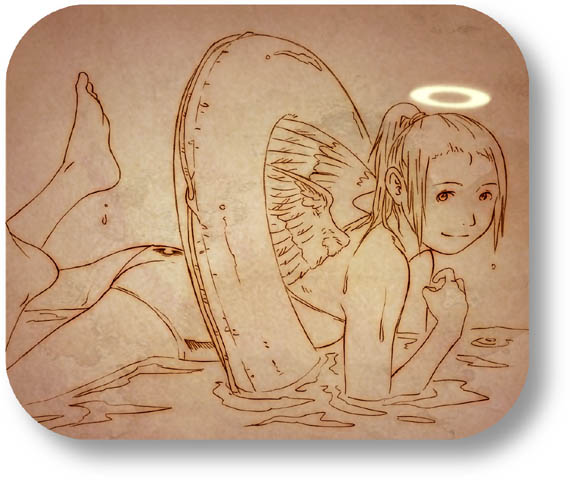 aaru sentou shuudan, hikari (haibane renmei), haibane renmei, 00s, 1girl, ass, barefoot, brown theme, female focus, halo, innertube, monochrome, one-piece swimsuit, ponytail, rounded corners, solo, swim ring, swimsuit, traditional halo, wet, wings
