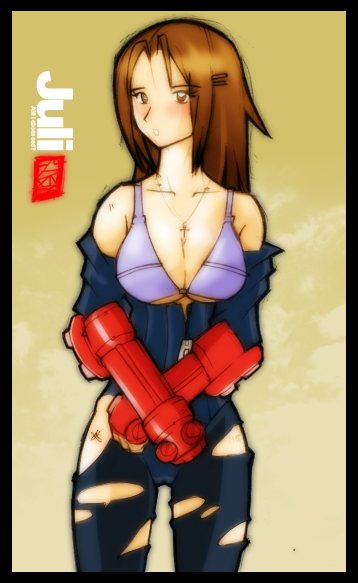 juli (street fighter), capcom, street fighter, 1girl, bra, breasts, brown eyes, brown hair, cameltoe, cleavage, cross, female focus, gauntlets, large breasts, lingerie, solo, torn clothes, underwear