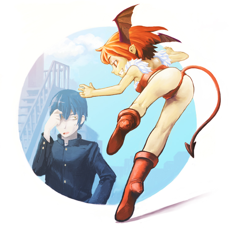 kousaku, kushieda minori, takasu ryuuji, toradora!, bad id, bad pixiv id, 00s, 1boy, 1girl, ass, demon tail, head wings, panties, red hair, school uniform, stairs, tail, thong, underwear, wings