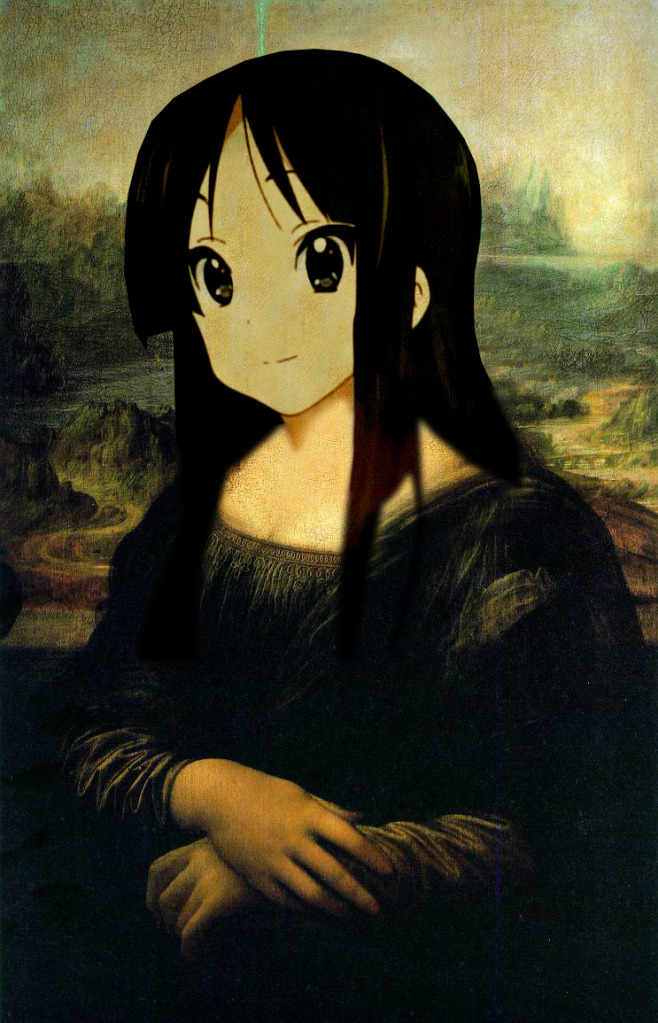 akiyama mio, k-on!, mona lisa, 1girl, black hair, brown eyes, female focus, fine art parody, long hair, parody, solo