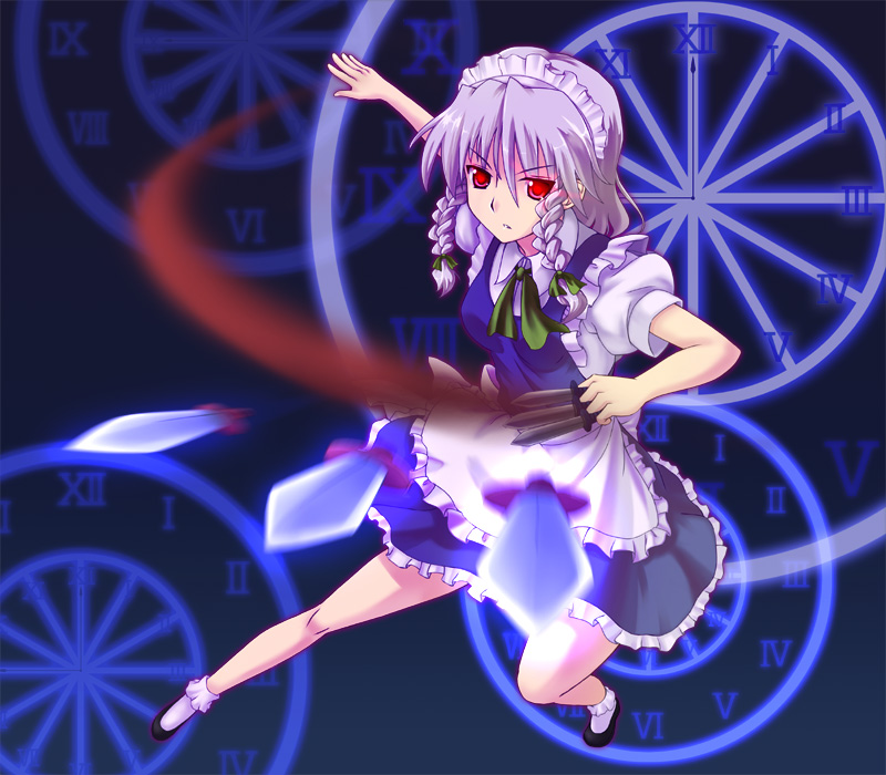 shiwasuzuki, izayoi sakuya, embodiment of scarlet devil, touhou, silver hair, bad id, bad pixiv id, 1girl, braid, female focus, full body, knife, maid, red eyes, solo, throwing knife, twin braids, weapon