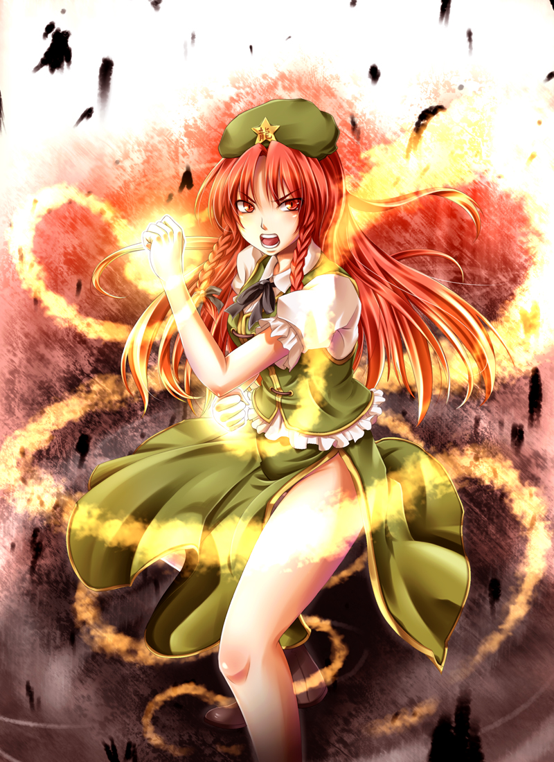 mochi.f, ex-meiling, hong meiling, immaterial and missing power, touhou, bad id, bad pixiv id, 1girl, aura, braid, china dress, chinese clothes, dress, female focus, hat, long hair, red eyes, red hair, solo, twin braids