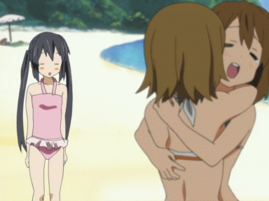 hirasawa yui, nakano azusa, tainaka ritsu, k-on!, animated, animated gif, anime screenshot, lowres, non-web source, 00s, 3girls, back, beach, bikini, blush, day, hug, multiple girls, o o, one-piece swimsuit, pink one-piece swimsuit, sexually suggestive, short hair, swimsuit, twintails, yuri
