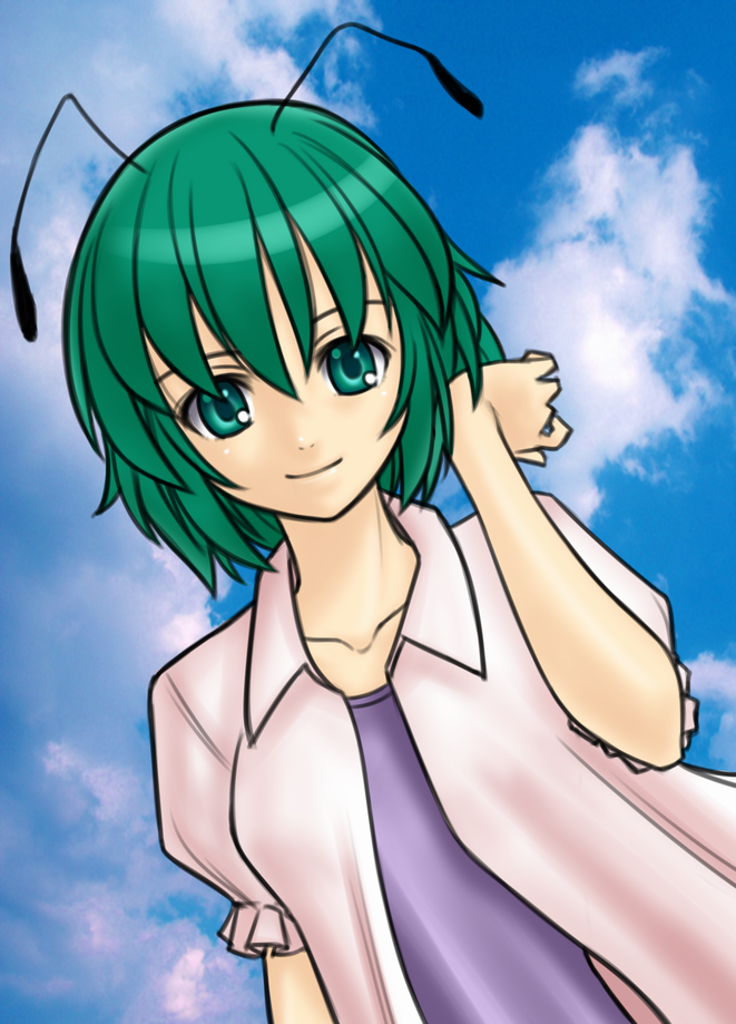 five-seven (0verlimits), wriggle nightbug, touhou, 1girl, alternate costume, antennae, casual, cloud, collarbone, contemporary, day, female focus, green eyes, green hair, matching hair/eyes, short hair, sky, smile, solo