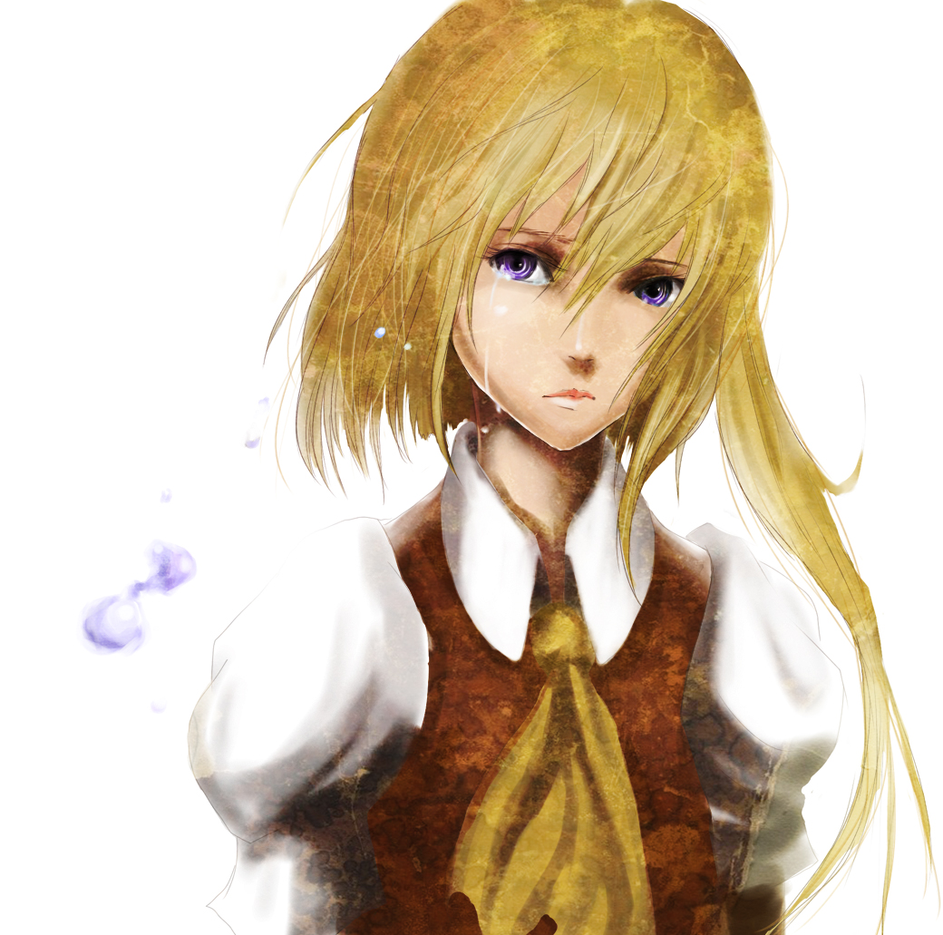 ross (clumzero), flandre scarlet, touhou, 1girl, blonde hair, blouse, blue eyes, collared shirt, female focus, hair between eyes, realistic, shirt, solo, tears, upper body, white background, white shirt