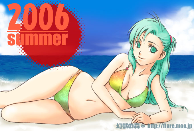 flare (artist), furea (genjuu no mori), rydia (adult) (ff4), rydia (ff4), final fantasy, final fantasy iv, 00s, 1990s (style), 1girl, 2006, aged up, beach, bikini, day, female focus, green eyes, green hair, hip focus, long hair, lying, matching hair/eyes, multicolored bikini, ocean, on side, outdoors, retro artstyle, skindentation, smile, solo, swimsuit, thigh gap, thighs, wide hips