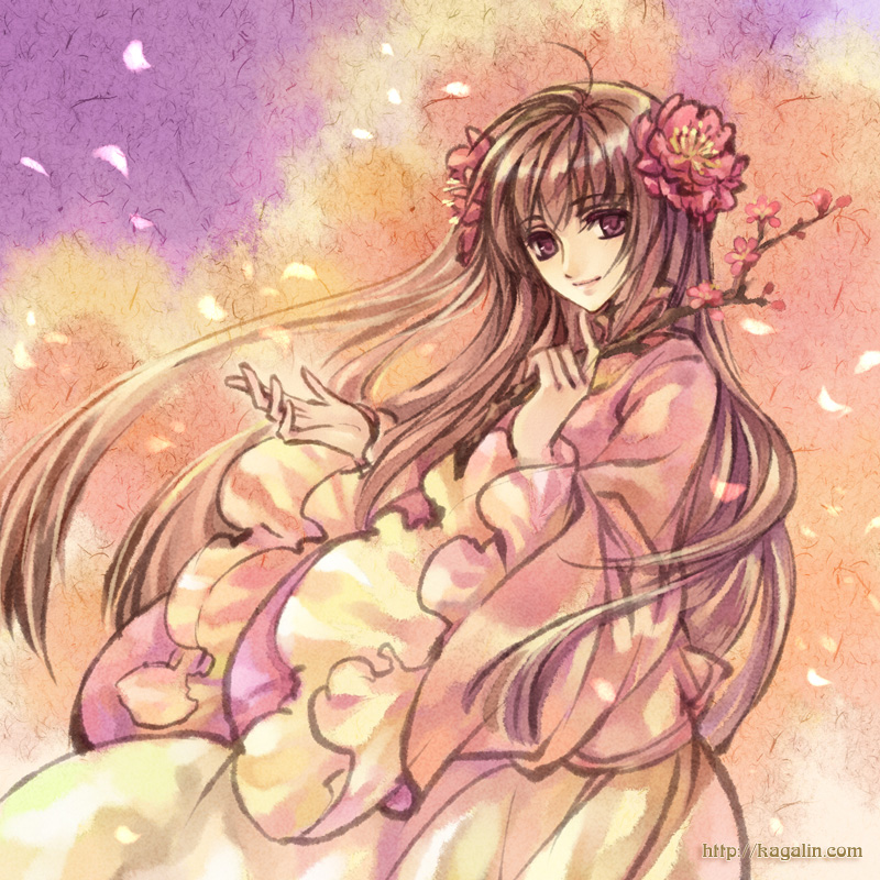 kaga, kagalin, taiwan (hetalia), axis powers hetalia, bad id, bad pixiv id, 00s, 1girl, brown hair, changpao, chinese clothes, dress, female focus, flower, frills, long hair, long sleeves, petals, plum blossoms, purple eyes, smile, solo, watermark, web address