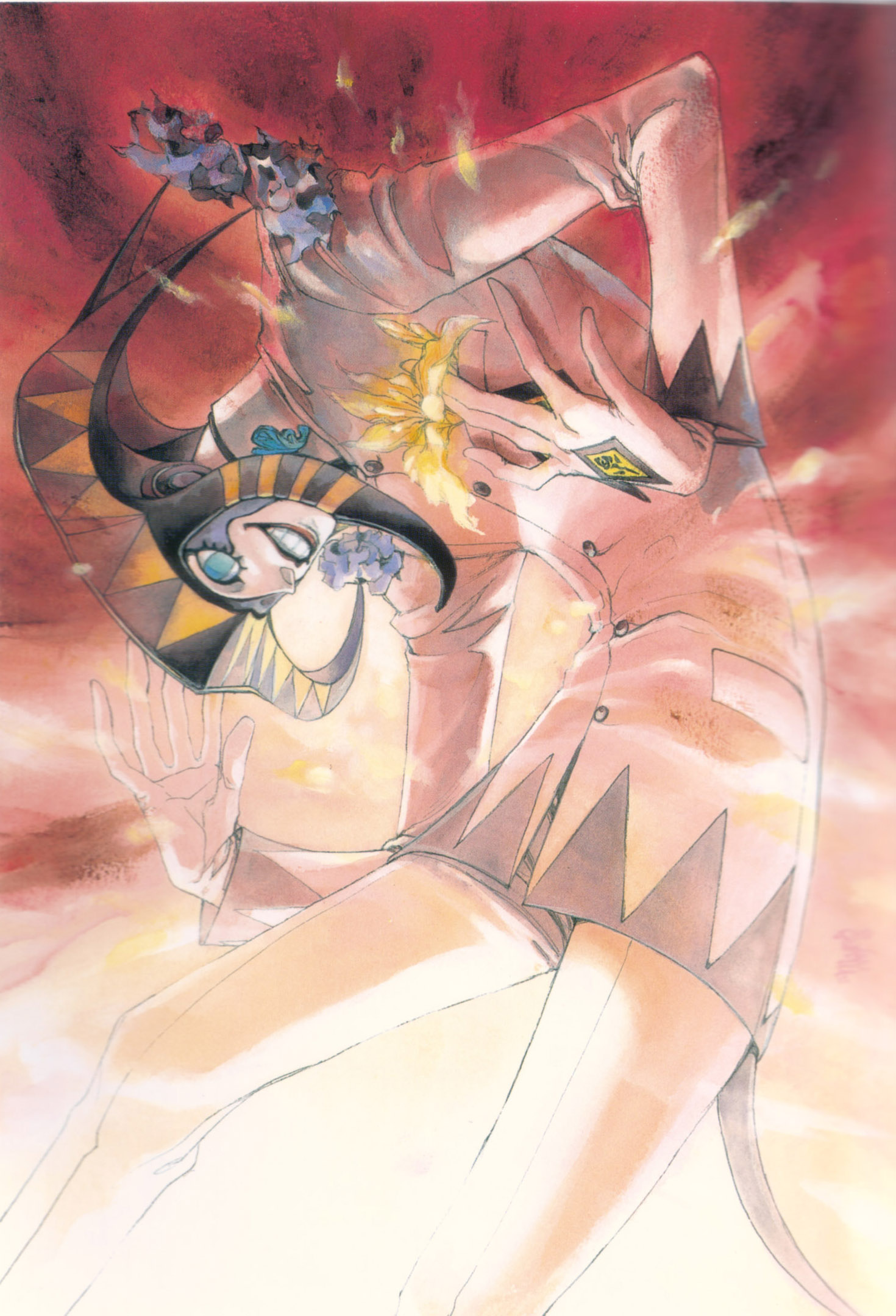 amamiya ren, joker (persona 2), atlus, persona, persona 2, persona 2 tsumi, artist request, highres, 1boy, flower, male focus, mask, school uniform, smile, solo