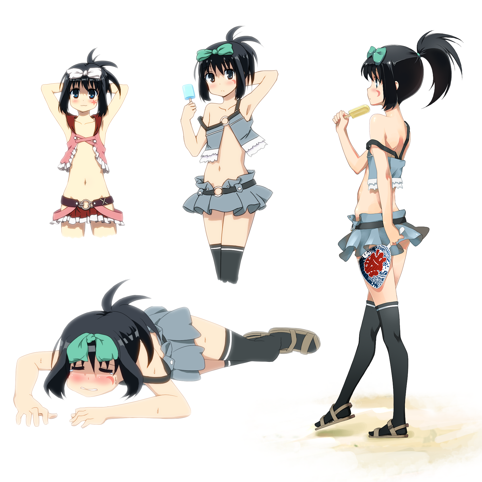midiman, kunihiro hajime, saki (manga), highres, 00s, 1girl, armpits, arms behind back, arms behind head, arms up, bare shoulders, black hair, black thighhighs, blue eyes, bow, closed eyes, crescent, crescent moon, flapper shirt, flat chest, food, hair bow, hand fan, legs, midriff, moon, multiple views, navel, ponytail, popsicle, revealing clothes, sandals, shirt, short hair, star (symbol), strap slip, tattoo, thighhighs