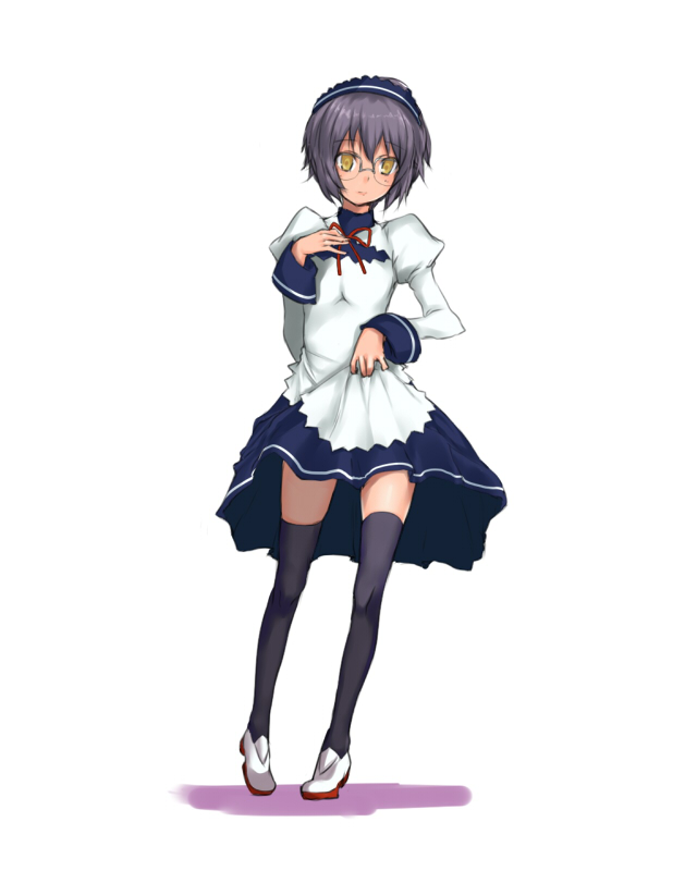 rokuichi, nagato yuki, suzumiya haruhi no yuuutsu, 00s, glasses, legs, maid, pigeon-toed, shoes, solo, thighhighs, uwabaki, zettai ryouiki