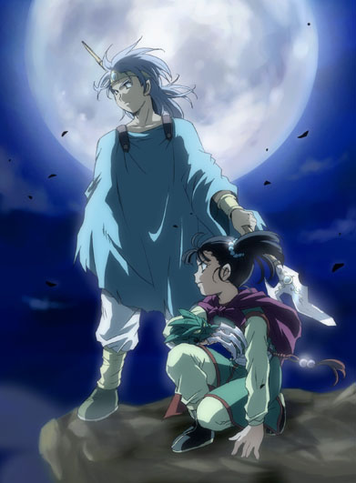 chiezo, martial artist (dq3), sage (dq3), chunsoft, dragon quest, dragon quest iii, enix, square enix, 1boy, 1girl, black hair, claw (weapon), full moon, moon, night, polearm, short hair, spear, twintails, weapon