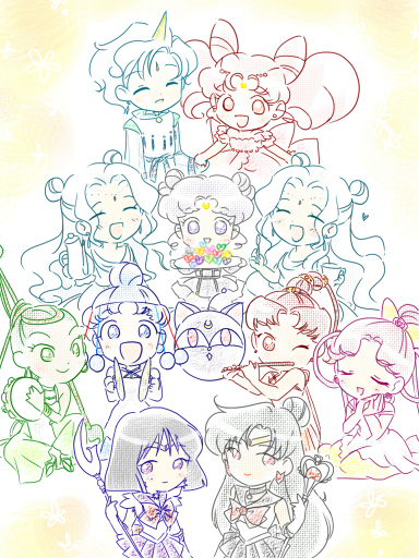 kuma-hacchi, kuma hacchi, cerecere (sailor moon), chibi chibi, chibi usa, diana (sailor moon), helios (sailor moon), junjun (sailor moon), luna-p, meiou setsuna, pallapalla (sailor moon), sailor pluto, sailor saturn, small lady serenity, tomoe hotaru, vesves (sailor moon), bishoujo senshi sailor moon, bishoujo senshi sailor moon r, bishoujo senshi sailor moon s, bishoujo senshi sailor moon sailor stars, bishoujo senshi sailor moon stars, bishoujo senshi sailor moon supers, bad id, bad pixiv id, 1990s (style), 6+girls, brooch, chibi, child, closed eyes, cone hair bun, crescent, crescent facial mark, double bun, facial mark, garnet rod, hair bun, hair rings, half updo, hinamatsuri, instrument, jewelry, magical girl, multiple girls, one eye closed, retro artstyle, silence glaive, sitting, sketch, star brooch, tambourine, twintails