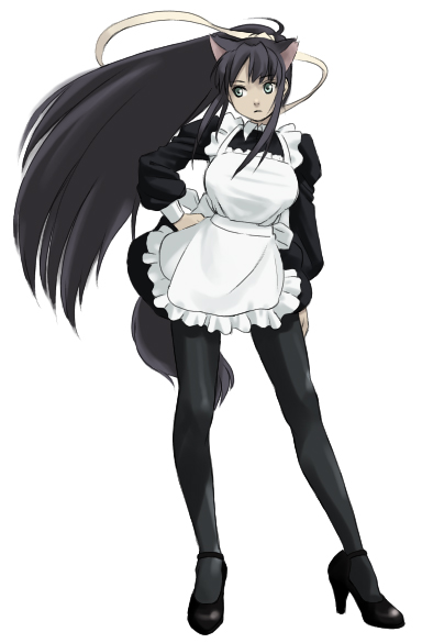 you2, original, 1girl, animal ears, black hair, cat ears, female focus, high heels, legs, long hair, maid, pantyhose, ponytail, shoes, solo, very long hair