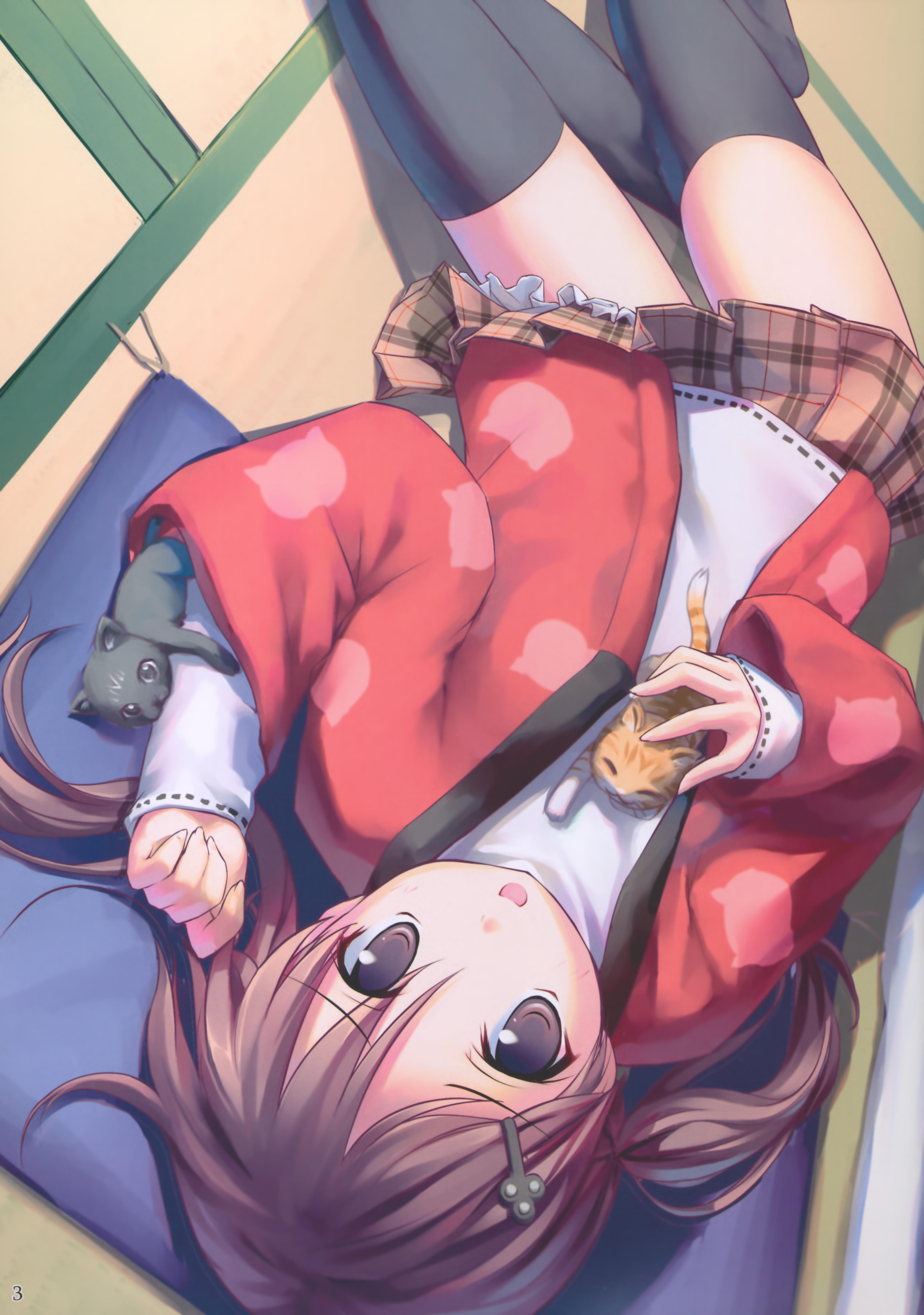takoyaki (roast), absurdres, highres, 1girl, cat, feet, female focus, hanten (clothes), lying, plaid clothes, plaid skirt, skirt, solo, tatami, thighhighs, twintails, zettai ryouiki
