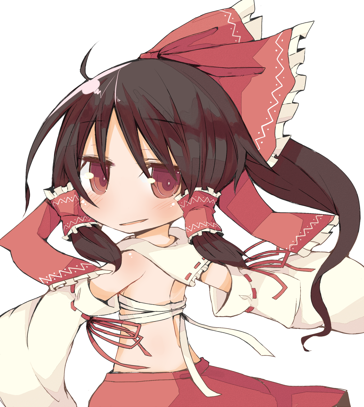 yatani row, hakurei reimu, touhou, bad id, bad pixiv id, highres, 1girl, ahoge, back, bare back, black hair, blush, bow, detached sleeves, female focus, hair bow, hair tubes, japanese clothes, long hair, looking back, miko, sarashi, simple background, solo