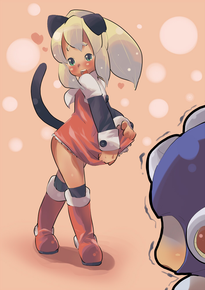 ushihashiru, mega man (character), roll (mega man), capcom, mega man (classic), mega man (series), 1boy, 1girl, animal ears, blonde hair, blush, boots, clothes pull, green eyes, knee boots, long hair, ponytail, red skirt, skirt, skirt pull, tail