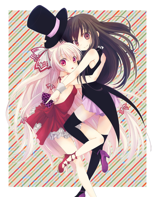 kona, kona (canaria), fujiwara no mokou, houraisan kaguya, touhou, striped, 2girls, alternate costume, bare shoulders, black dress, bow, brown eyes, brown hair, card, choker, dress, female focus, frills, hair ribbon, hat, high heels, holding, hug, long hair, multiple girls, red dress, red eyes, ribbon, shoes, skirt, thighhighs, top hat, very long hair, white hair, wrist cuffs