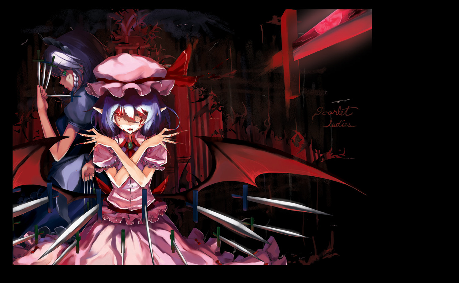 cior, izayoi sakuya, remilia scarlet, touhou, silver hair, 2girls, cowboy shot, dagger, dark, dress, female focus, floating, floating object, hat, knife, looking at viewer, mob cap, multiple girls, pink dress, puffy short sleeves, puffy sleeves, red eyes, short sleeves, standing, weapon