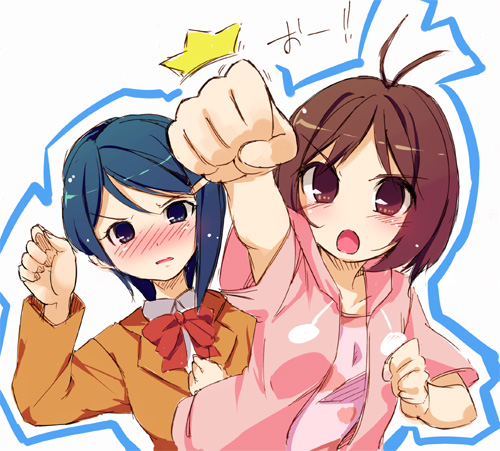 takatsuki tsukasa, hidaka ai, mizutani eri, idolmaster, lowres, 00s, antenna hair, blue hair, brown eyes, casual