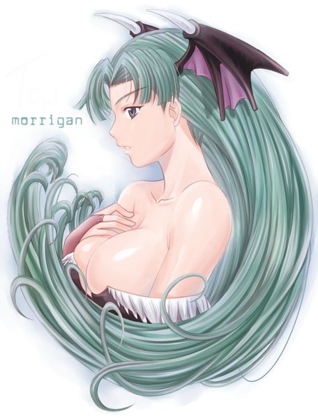 tonbidou, morrigan aensland, capcom, darkstalkers, 1girl, aqua hair, bare shoulders, bat wings, breasts, character name, cleavage, demon girl, demon wings, female focus, from side, green hair, hand on own chest, head wings, large breasts, long hair, parted bangs, parted lips, profile, solo, upper body, very long hair, wings