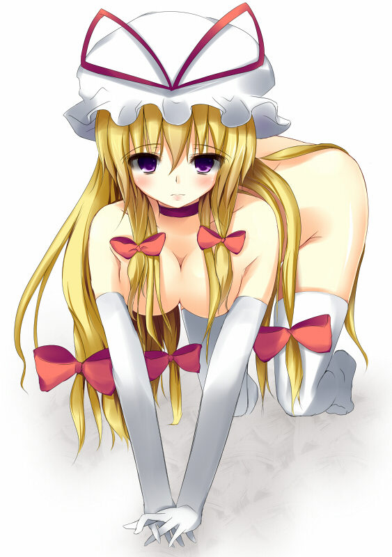 shikano sumiaki, yakumo yukari, touhou, bad id, bad pixiv id, 1girl, all fours, blonde hair, choker, elbow gloves, female focus, gloves, hair ribbon, hat, nude, purple eyes, ribbon, solo, thighhighs, white gloves, white thighhighs