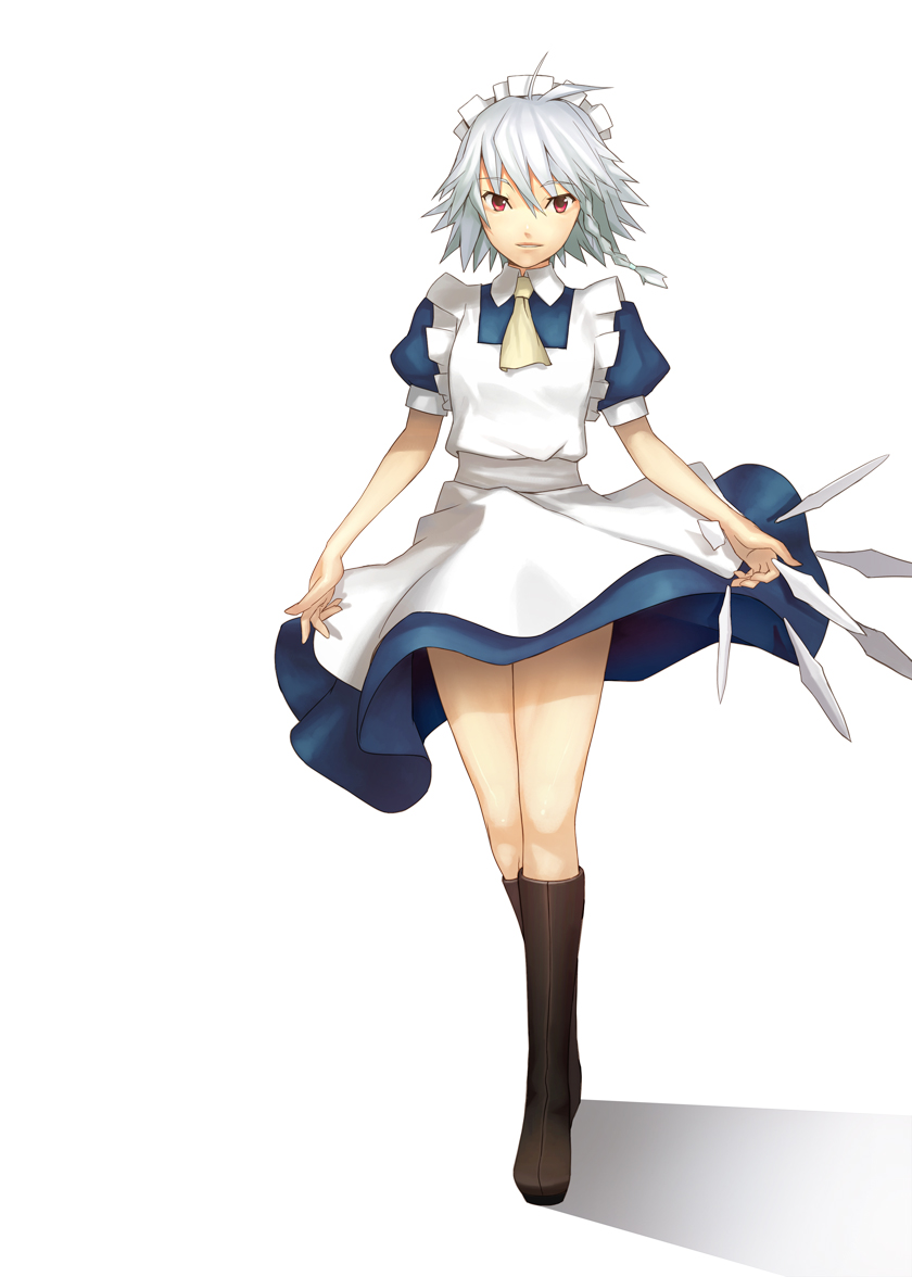 blight essence, izayoi sakuya, embodiment of scarlet devil, touhou, silver hair, bad id, bad pixiv id, 1girl, apron, boots, braid, dress, female focus, frills, full body, knee boots, knife, maid, maid apron, maid headdress, red eyes, shadow, simple background, single braid, solo, standing, throwing knife, weapon, white background