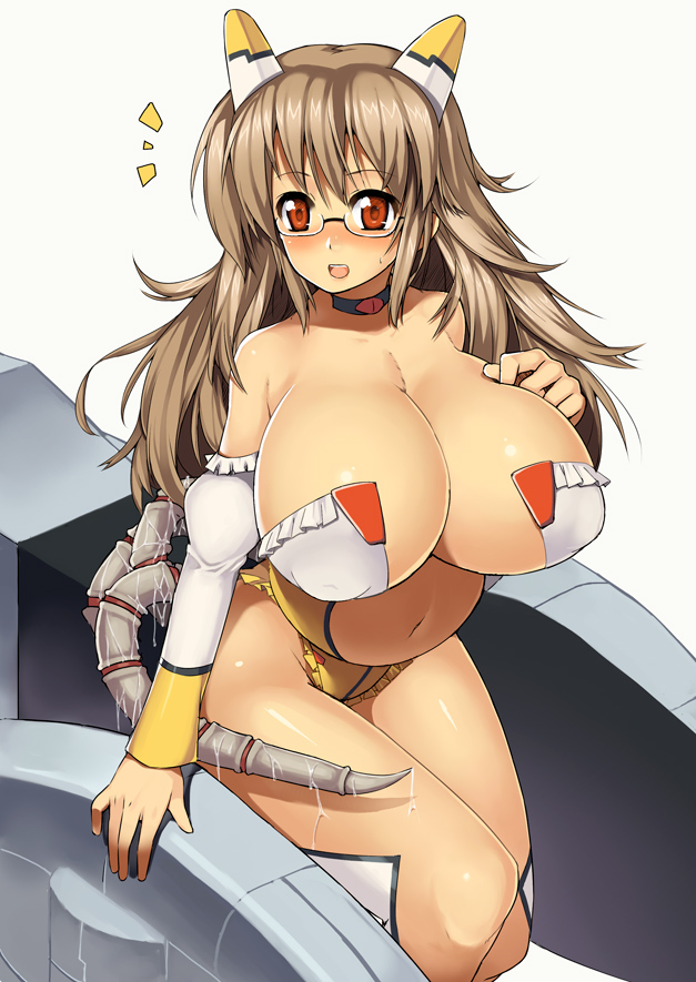 nagase haruhito, diol twee, konami, otomedius, xexex, bad id, bad pixiv id, 1girl, :o, blush, breasts, brown hair, choker, cleavage, creature inside, female focus, glasses, huge breasts, leotard, navel, pregnant, red eyes, revealing clothes, slime (substance), solo, surprised, tentacles